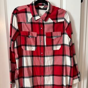CATO Women's Pearl Snap Distressed Top L Red Western Boho Plaid Country Cowgirl
